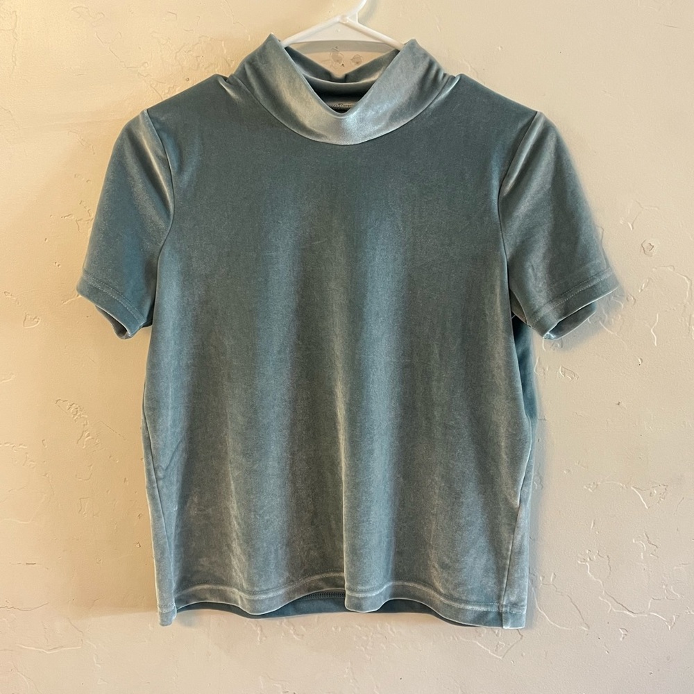 Madewell Blue Mock Turtleneck Crushed Velvet Tee Shirt Extra Small